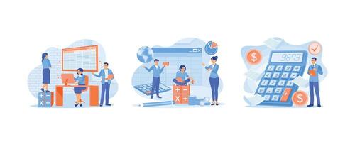 The accountant fills in the balance sheet on the computer. Prepare financial reports. Financial managers calculate company finances. Accounting concepts. Set flat illustration. vector