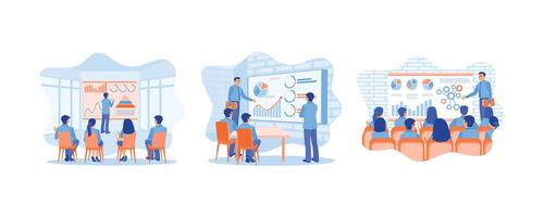 Business people hold online meetings with colleagues. Showing graph on the projector screen. Discuss statistical data. Business Seminar and Webinar concept. Set flat illustration. vector