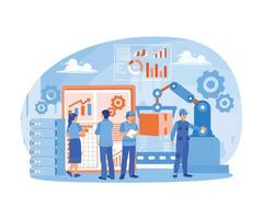 People work in a smart factory with wireless technology for control. Industry 4.0 with advanced technology. Smart industry concept. Flat illustration. vector