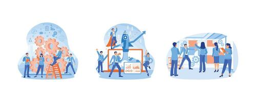 Entrepreneurs develop business strategies. Starting a new business. Managers organize business team tasks. Team work concept. Set flat illustration. vector