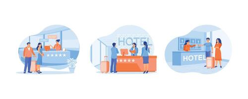 The receptionist is standing at the work desk. Tourists check in at the hotel. The receptionist gives the guest the room key. Hotel Receptionist concept. Set flat illustration. vector