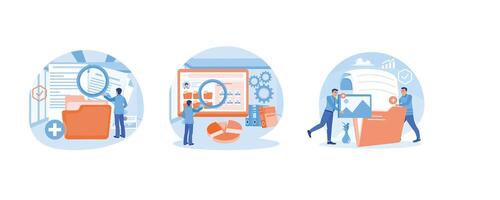 A male worker adds files to the main folder. Searching documents file. Search and store data info in the database. Storage concept. Set flat illustration. vector