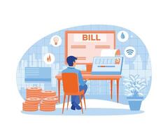 Man checking electricity meter and calculating electricity bill on website. Household and industrial energy efficiency. Energy efficiency concept. Flat illustration. vector