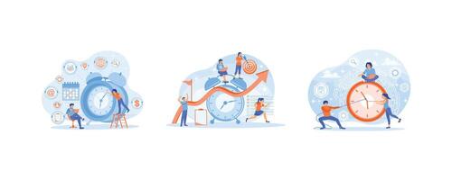 Effective teamwork efficiency. Daily routines to achieve goals. People get work done on time. Time Management concept. Set flat illustration. vector