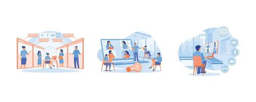 Business people holding virtual meeting. Exchange opinions and discuss during meetings. Make a call on a computer screen. conference concept. Set flat illustrations. vector