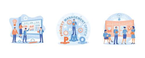 Teamwork communication process. Manager organizing work in the office. Moves the cards on the electronic Kanban task board. Project Management concept. Set flat illustration. vector