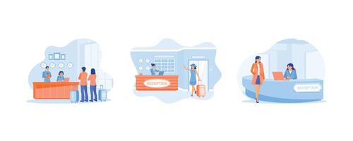 Receptionists are standing at the work desk. Guest check-in in hotel. Serve hotel customers in a friendly manner. Hotel Receptionist concept. Set flat illustration. vector