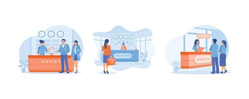 The tourist is talking to the receptionist. The receptionist serves guests in a friendly manner. Friendly hotel service. Hotel Receptionist concept. Set flat illustration. vector