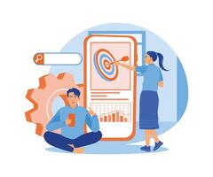 Businessman planning SEO optimization. Increasing SEO targets and performance concepts. Business marketing concept. Flat illustration. vector