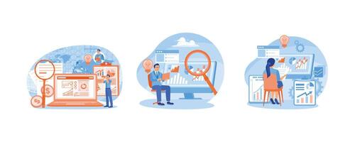 Businessman analyzing infographic charts. Managers study business data. Develop company strategies to increase revenue. Business Intelligence concept. Set flat illustration. vector