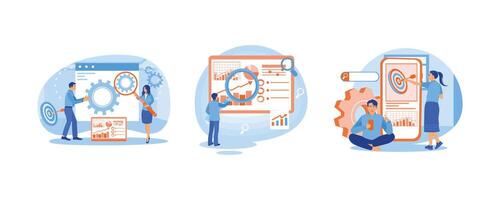 Analyze marketing charts. SEO optimization. Increasing SEO targets and performance. Business marketing concept. Set flat illustration. vector