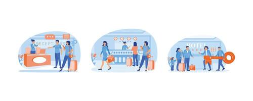 The receptionist is standing at the work desk. Hotel guests check into the hotel. The receptionist gives the hotel guests the keys. Hotel Receptionist concept. Set flat illustration. vector