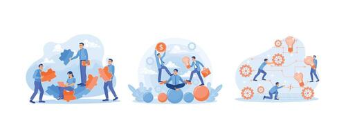 Teamwork in solving problems. Balance between ideas, time and work. Entrepreneur connects ideas and work. Teamwork concept. Set flat illustration. vector