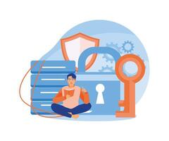 Man reading a book about how to store electronic data. Use applications that are safe from hackers. Database concept. Flat illustration. vector