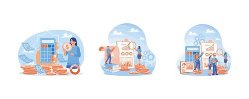 Calculate income and taxes. Accountants fill in financial bookkeeping data. Analyze financial charts and data. Accounting concepts. Set flat illustration. vector
