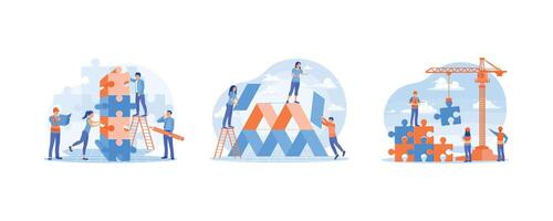 People connect puzzle pieces. Teamwork in solving problems. Cooperation and communication. Team Building concept. Set flat illustration. vector
