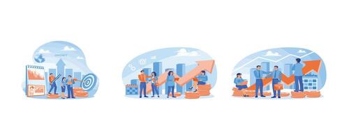 The business team is working together on a new project. Develop business strategies to achieve targets. Business partnerships. Business growth concept. Set flat illustration. vector