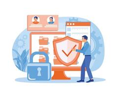Entrepreneurs store company data. Control web access log in shield protection. vector