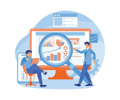 Two businessmen study infographic data on the computer. Planning a marketing strategy. Digital marketing concept. Flat illustration.
