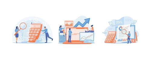 Accountants calculate a company's financial statements. Prepare financial balance sheets. Businessman analyzes company financial reports. Accounting concepts. Set flat illustration. vector