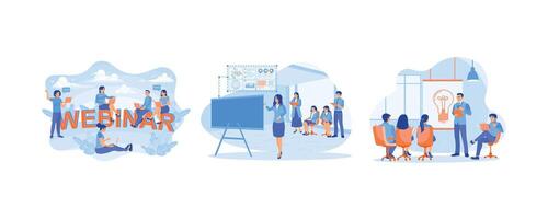 Using a laptop for distance learning. Businessman leading presentation for employees. Discuss during the presentation. Business Seminar and Webinar Concept. Set flat illustration. vector