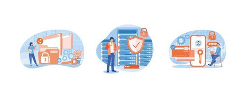 Cyber security system. Storing documents in a data centre. Protect personal data on electronic devices. Set flat illustration. vector