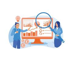 Managers and coworkers analyze infographic data. Create project management to improve marketing. Marketing research concept. Flat illustration. vector
