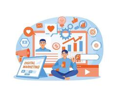 Men create advertisements on social media. Optimizing SEO to increase marketing targets. Digital marketing concept. Flat illustration. vector