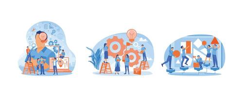Businessman making a list of creative ideas. Business team with new ideas. Work together to get the best results. Team Work concept. Set flat illustration. vector