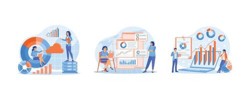Accountants and assistants analyze financial data. Businesswoman developing marketing strategy. Financial experts monitor financial data. Data Analysis Concept. Set flat illustration. vector