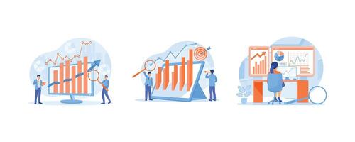 The computer screen displays financial charts. Business strategy towards marketing targets. The financial expert analyzes office financial charts. Data Analysis Concept. Set flat illustration. vector