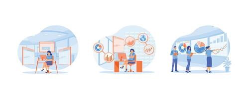 Woman working on a computer. Analyzing office financial data. Diagrams and graphs are displayed on the screen. Data Analysis Concept. Set flat illustration. vector