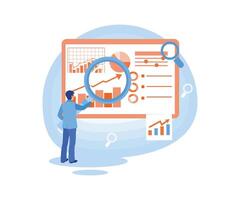 Man looking at company infographic data. Businessman analyzes market trends and plans for SEO optimization. Business marketing concept. Flat illustration. vector