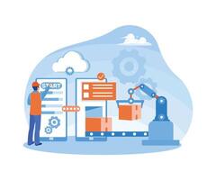 Wireless technology in smart industry. People press the start button to control the robot arm. Smart industry concept. Flat illustration. vector