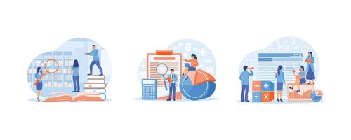 People looking for document. Examines the bill using a magnifying glass. Accountants prepare company bookkeeping reports. Accounting concepts. Set flat illustration. vector