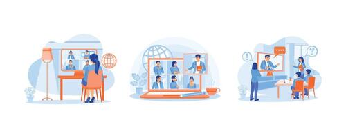 A group of people communicate online. Work remotely from anywhere. Job consulting and training concept. conference concept. Set flat illustration. vector