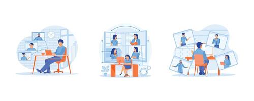 Man having virtual meetings with business colleagues. Remote work concept. Discuss with each other during conferences. conference concept. Set flat illustration. vector