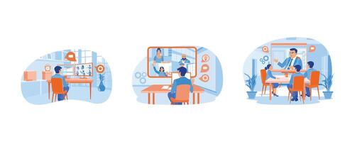 Hold virtual meetings. Businessman working from home. Discuss online via computer. Conference meeting concept. Set flat illustration. vector