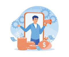 Man talking on a megaphone. Share partnership information and make money. Job referral concept. Flat illustration. vector