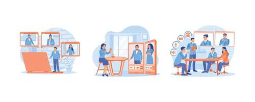 Online meetings. Businessman communicating with coworkers using smart phone. Discuss new projects during meetings. conference concept. Set flat illustrations. vector