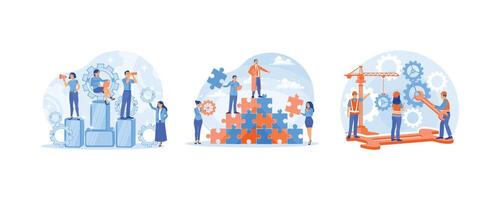 Business team towards business targets. Teamwork in solving problems. Working together on a project. Teamwork concept. Set flat illustration. vector