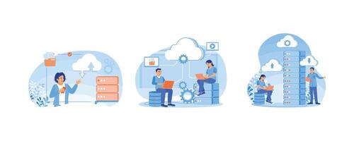 Software applications. People processing data on the laptop. Storing data on a laptop connected to the server. Could Computing concept. Set flat illustration. vector