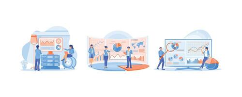 The business team develops a business strategy. The manager leads the presentation meeting. Businessman analyzing office financial charts. Data Analysis Concept. Set flat illustration. vector