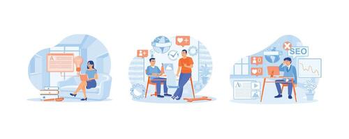 Write and edit the text. Search engine optimization ideas for blog promotion. Men make blog promotion mistakes. Blog concept. Set flat illustration. vector