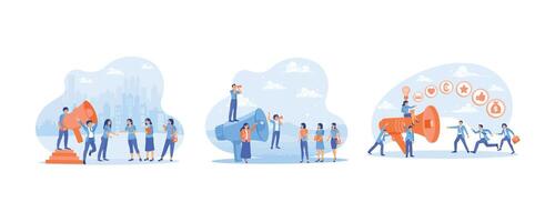 Man holding a large microphone. Marketing promotions. Attract customers with promotions on social media. Promotion concept. Set flat illustration. vector