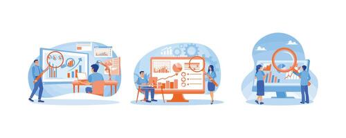 Businessman and financial expert analyzing financial infographic data. Create company financial data reports. Monitor business financial investments. Data analyst concept. Set flat illustration. vector