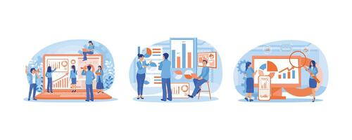 Office workers have a meeting in the office. Studying infographic data. Search for information using modern electronic devices. Data analyst concept. Set flat illustration. vector