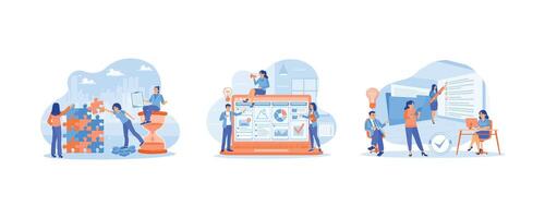 Business people working together on a new project. Analyzes and develops marketing ideas. Strategy, motivation, and successful leadership. Project Management concept. Set flat illustration. vector