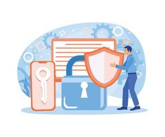 Man holding shield. Control electronic data security systems. vector