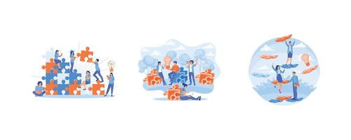 Business teamwork in solving problems. Cooperate and exchange ideas. Share ideas to get good business results. Team Building concept. Set flat illustration. vector